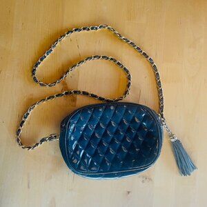 Vintage Nordstrom Chain Purse - Dark Blue/Green Quilted Patent Leather w/ Tassle